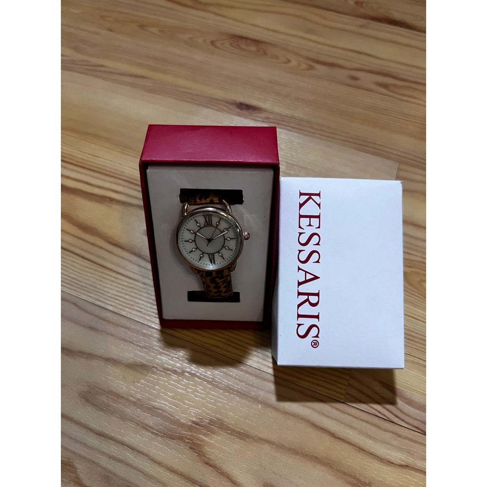 Kessaris Womens Leopard Print Strap Watch Gold Tone Case Crystal Markers New Box